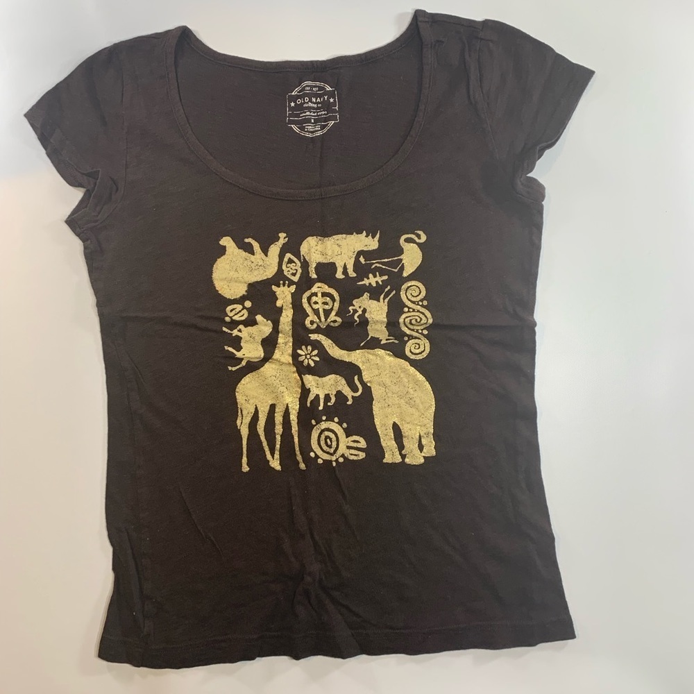 Old Navy | Brown Tee Gold Animal Print Medium Top - Picture 2 of 6